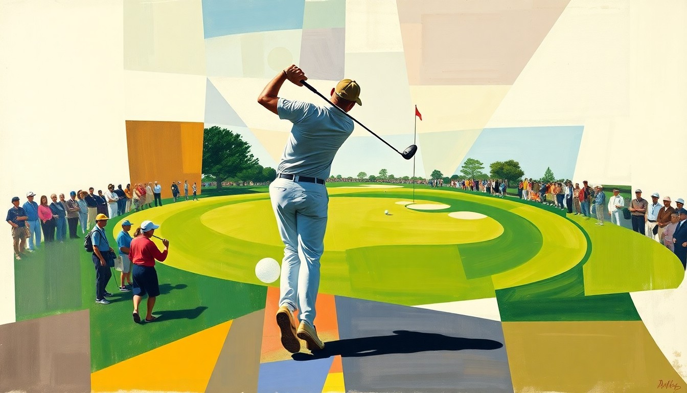 A cubist-style painting depicting a golfer's swing and motion broken down into fragmented geometric shapes and planes, conveying the intense focus and precision required to compete at the Masters.