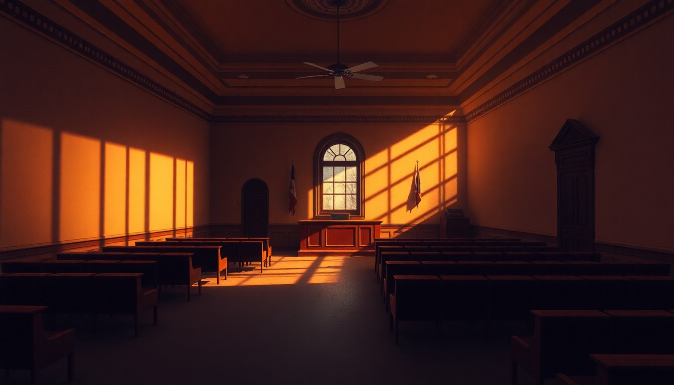 A dimly lit, cinematic painting of an empty city council chamber, with warm sunlight streaming in through the windows and deep shadows cast across the room, creating a sense of quiet contemplation and unease.