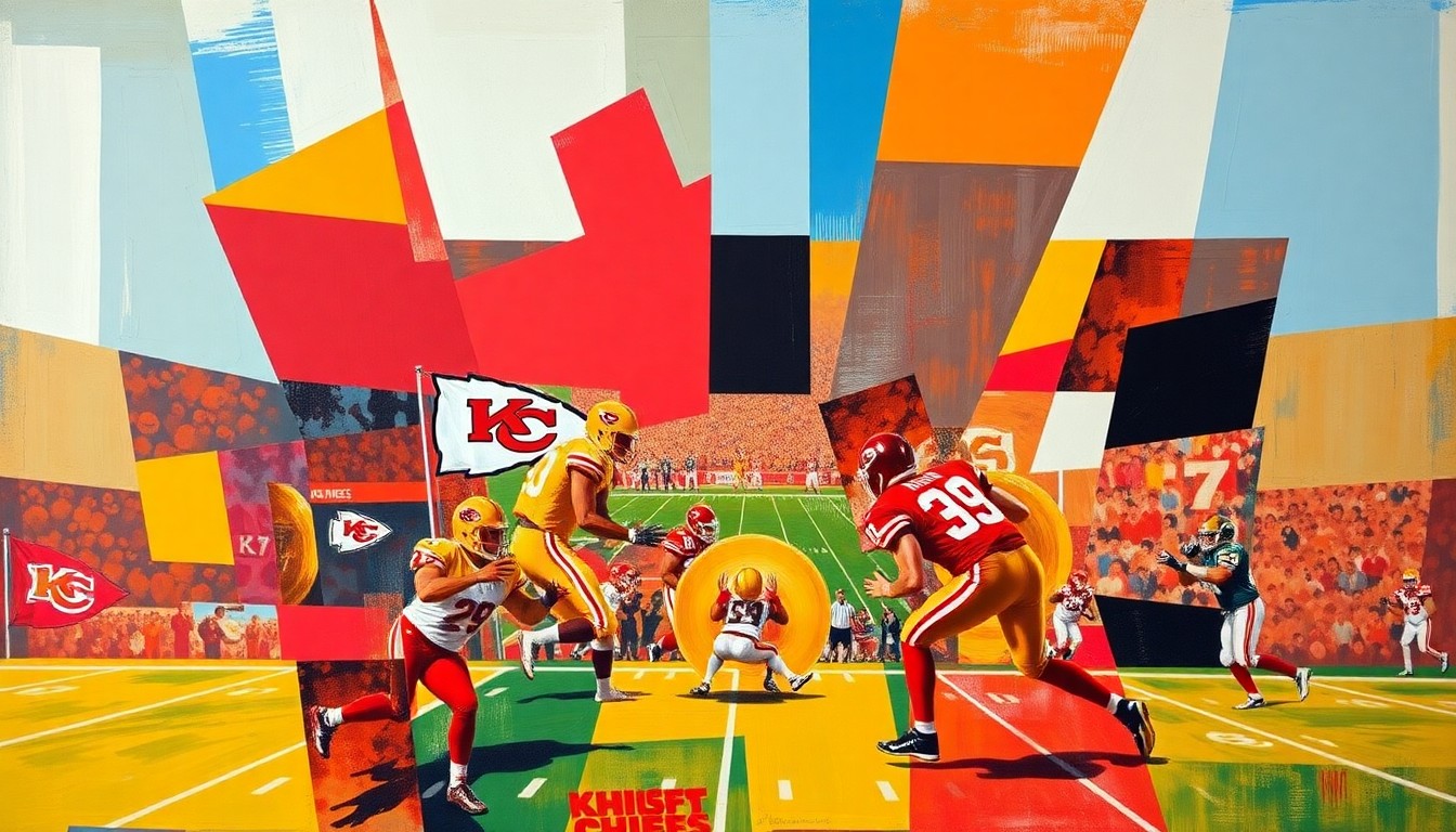 A fragmented, geometric painting in the Chiefs' team colors depicts a football game broken down into sharp, overlapping planes, conceptually representing the team's strategic approach to the upcoming draft.