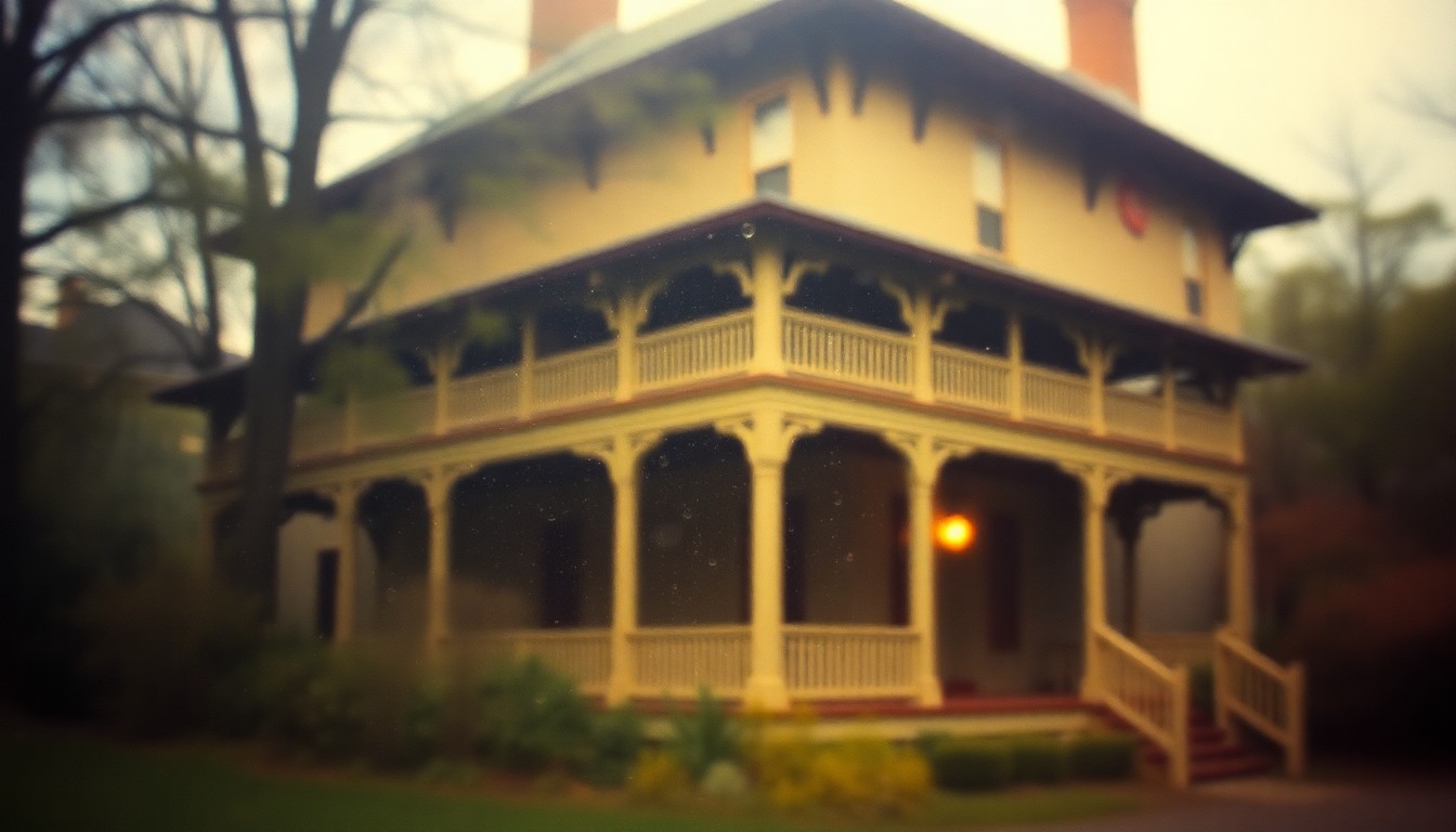 An impressionistic, out-of-focus photograph of the historic Sherwood House Museum in Yonkers, New York, with its iconic two-level porch and surrounding greenery, captured in a warm, hazy, and dreamlike visual style.