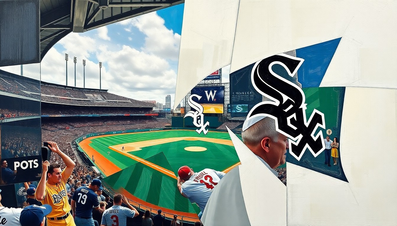 A cubist, geometric painting depicting a baseball game or match, with the White Sox logo and colors prominently featured, along with subtle visual references to the pope-themed hats being given away to fans.