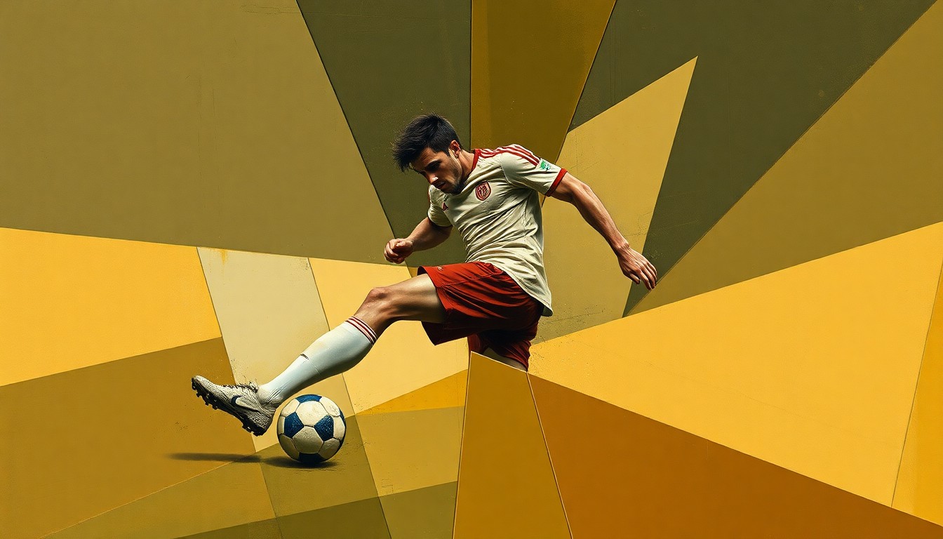 A cubist, geometric painting depicting a soccer player's injured leg in various fractured perspectives, using muted earth tones to convey the frustration and physicality of the injury.