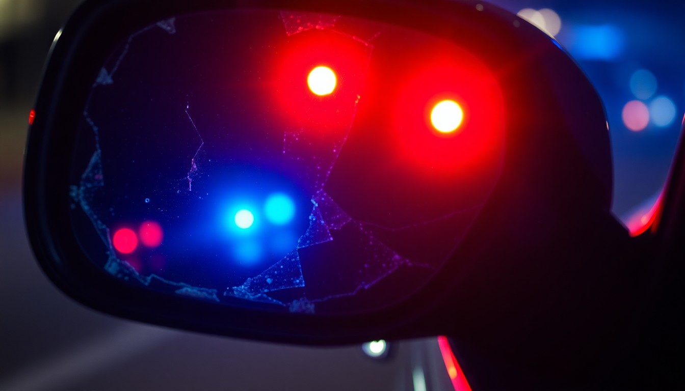 An extreme close-up photograph of a shattered car side mirror reflecting the faint glow of red and blue emergency lights, conceptually illustrating the aftermath of a hit-and-run crash.
