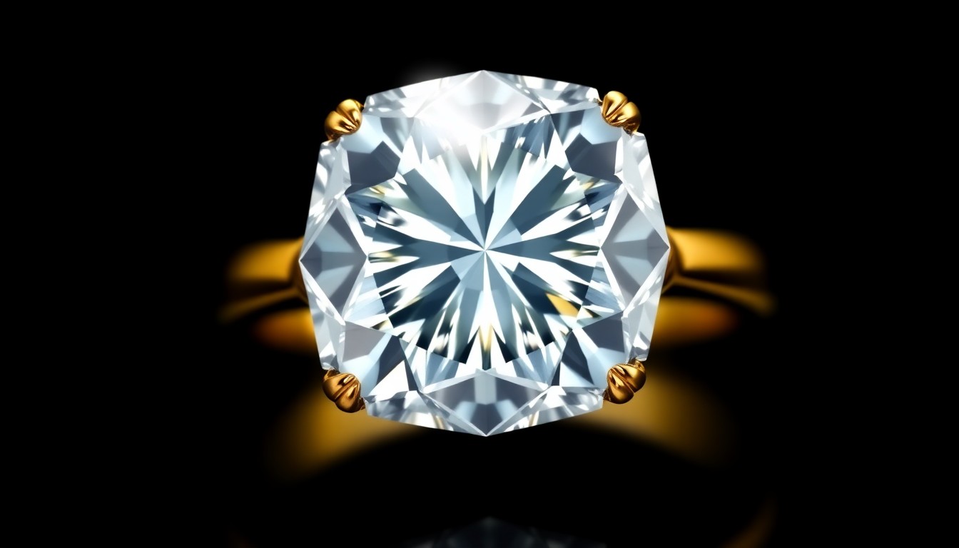 An extreme close-up photograph of a large, faceted diamond engagement ring set in yellow gold, capturing the luxurious and romantic details of the sparkling gem against a dramatic, high-contrast studio lighting backdrop.
