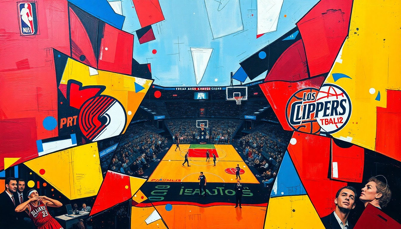 A cubist, geometric painting depicting a basketball game in motion, with overlapping shapes and planes of color representing the players, the ball, and the court.