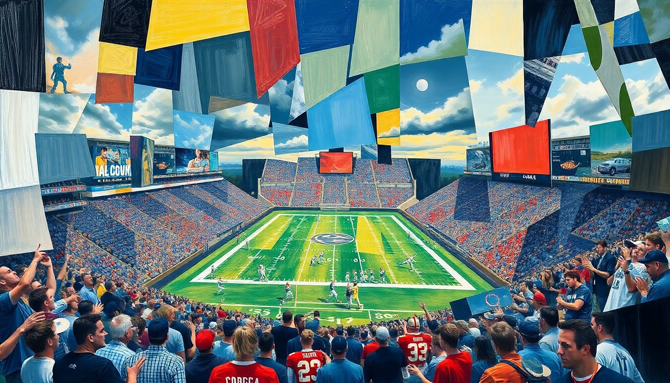 A cubist, geometric painting depicting a fragmented college football game, with overlapping planes of players, uniforms, and field elements in a vibrant color palette.