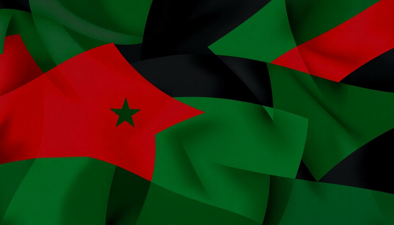 A highly stylized, fractured painting featuring overlapping geometric shapes and waves of dark green, black, and red colors, conceptually representing the controversial political affiliations of a Michigan Senate candidate.