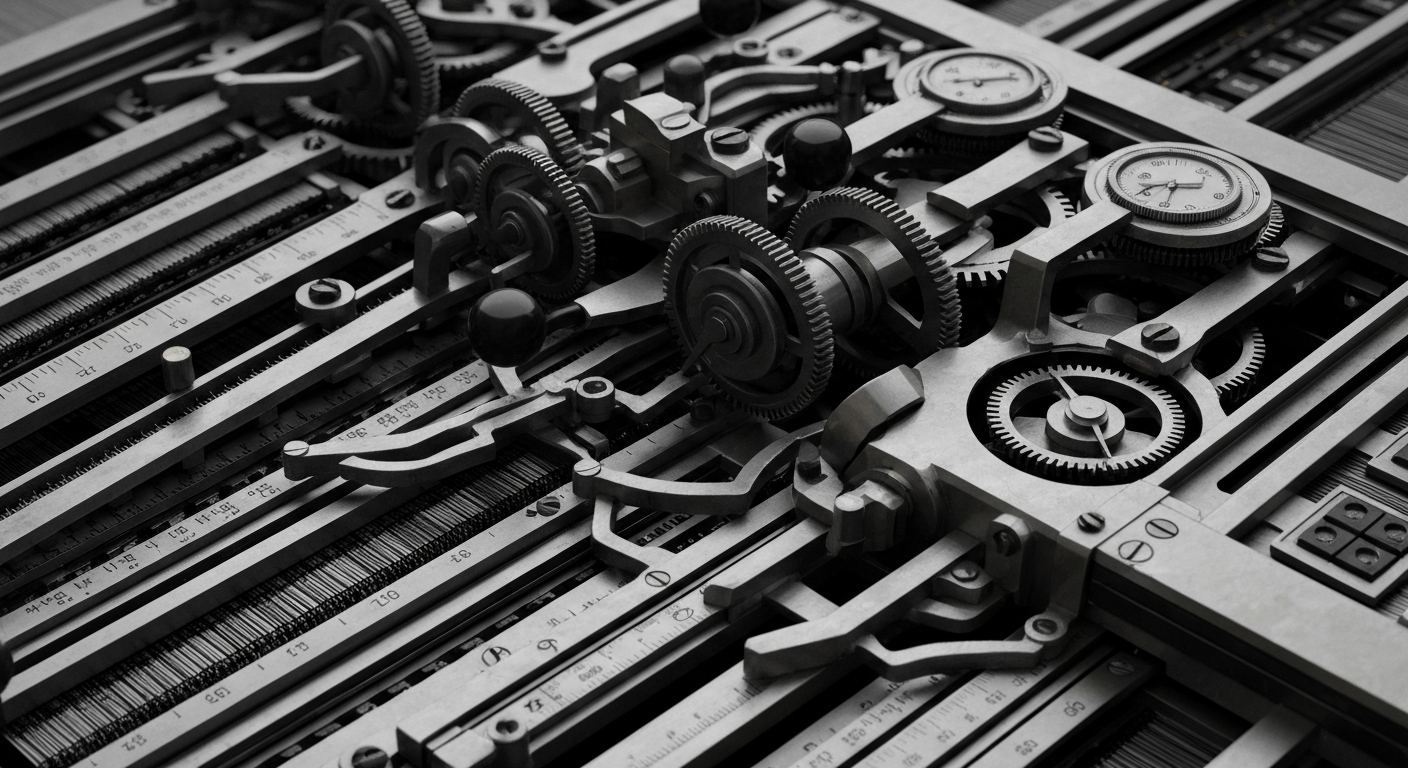 An extreme close-up of the complex inner workings of a financial accounting machine, with intricate gears, levers, and dials in shades of steel gray, copper, and black, conveying the power and precision of financial systems.