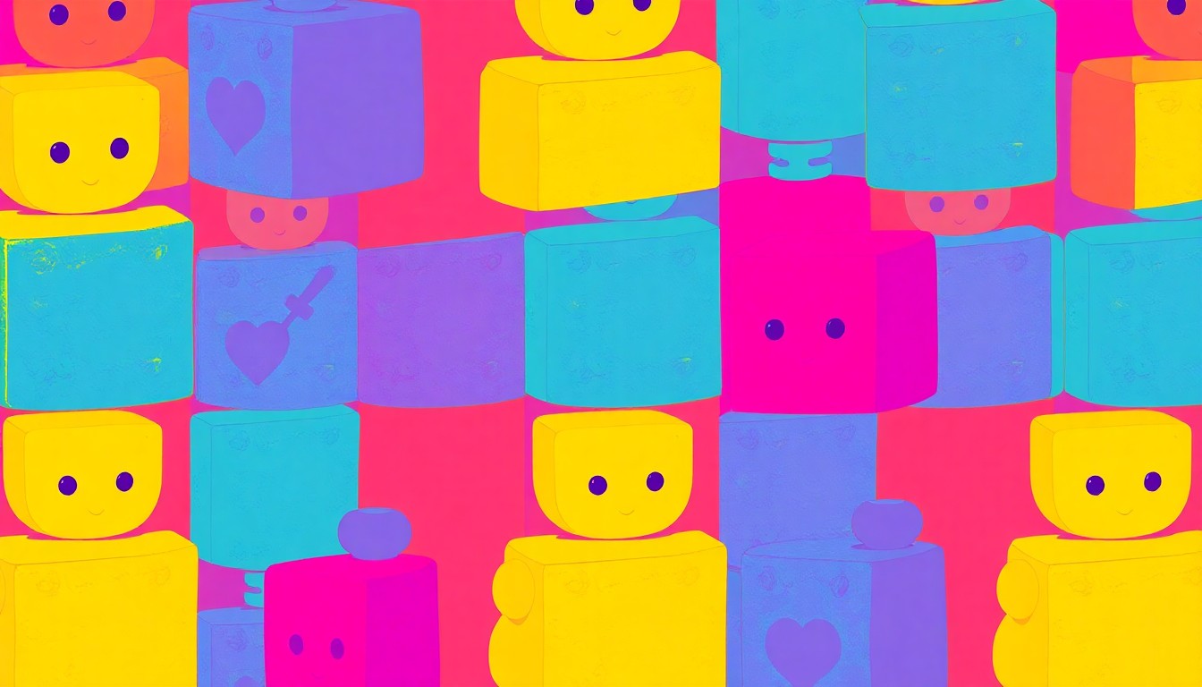 A bold, colorful silkscreen-style illustration featuring a repeating pattern of a brightly colored child's toy, such as a wooden block or stuffed animal, conceptually representing the growth of licensed child care businesses in the region.