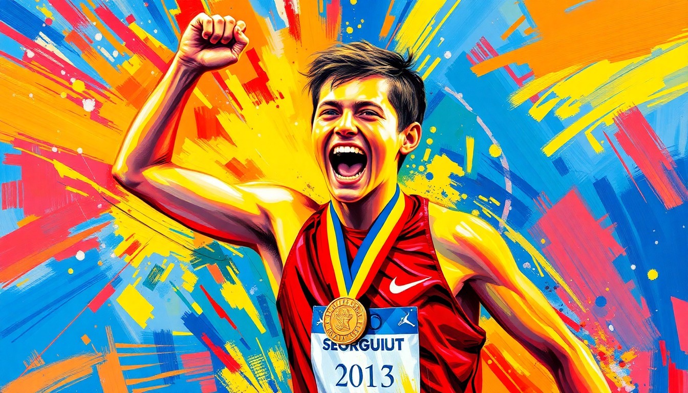 An abstract, energetic painting in neon colors featuring dynamic brushstrokes that evoke the triumph and joy of a Special Olympics gold medal win.