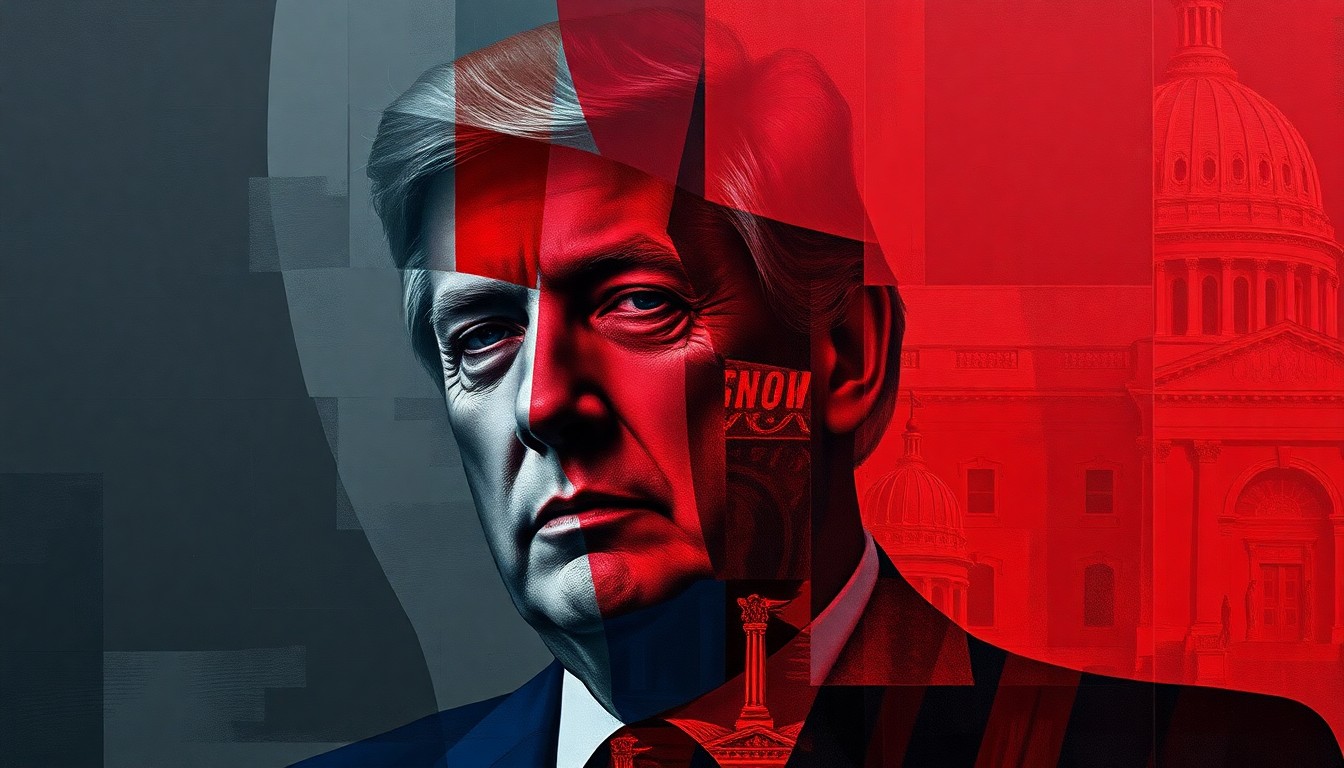 A highly stylized, fragmented painting depicting a blurred, abstract figure or building in shades of grey, blue, and red, conveying a sense of motion and political turbulence.