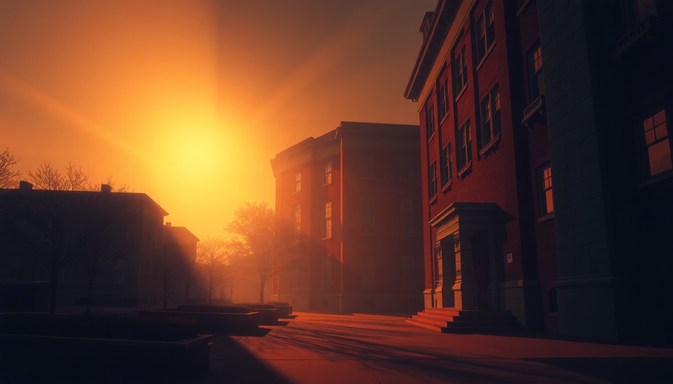 A serene, photorealistic painting of a Harvard University building surrounded by lush greenery, with warm sunlight casting dramatic shadows across the facade, conveying a sense of quiet contemplation and the weight of the ongoing legal dispute.