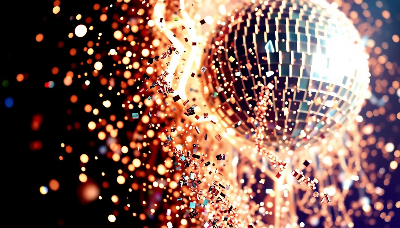 An extreme close-up of shimmering sequins and glittering disco ball fragments, conceptually representing the high-energy, glamorous atmosphere of a major music festival performance.