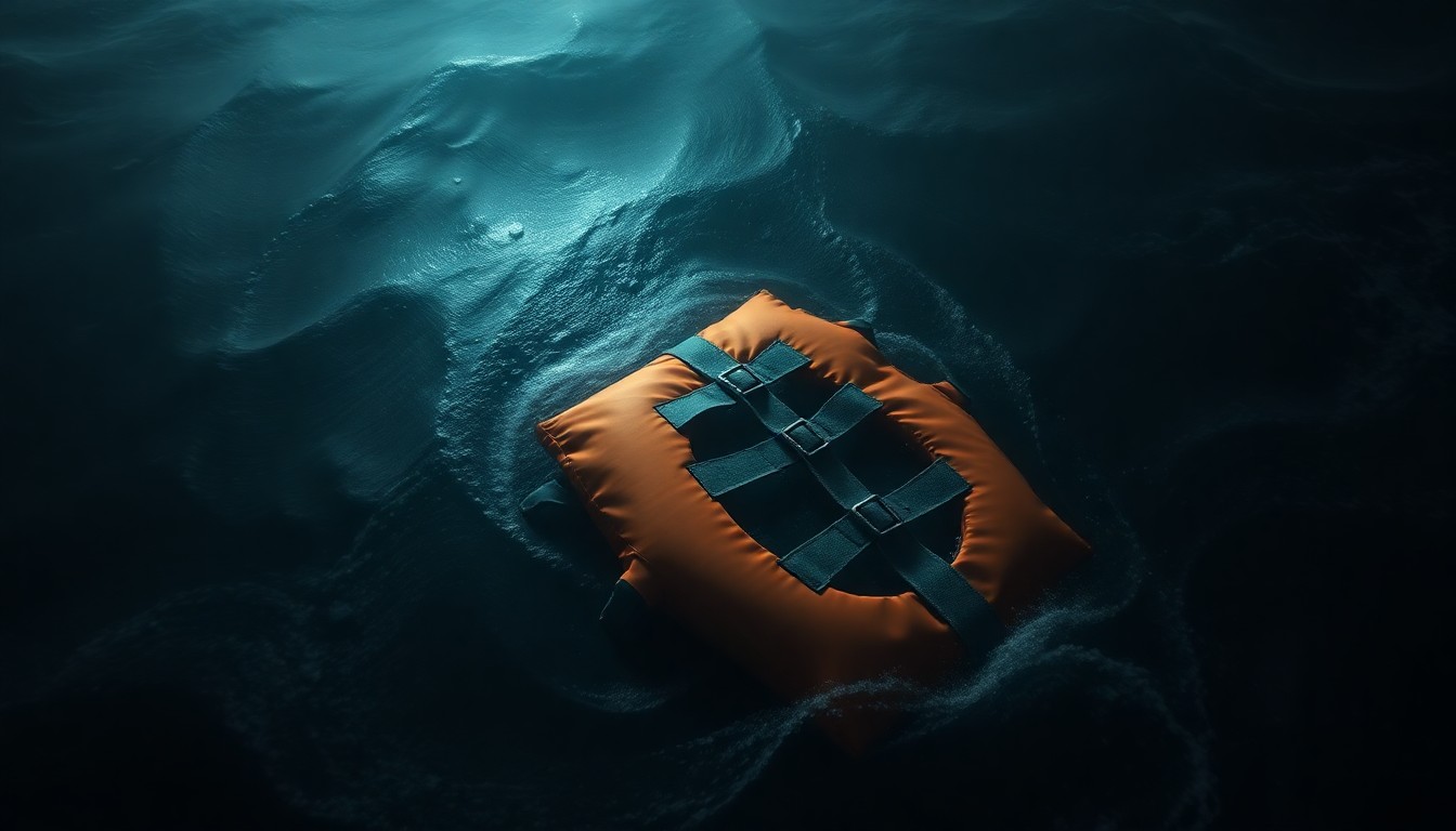 An extreme close-up photograph of a life vest floating in dark, choppy waters, lit by a harsh camera flash, conceptually representing the mystery and uncertainty surrounding a missing person case at sea.