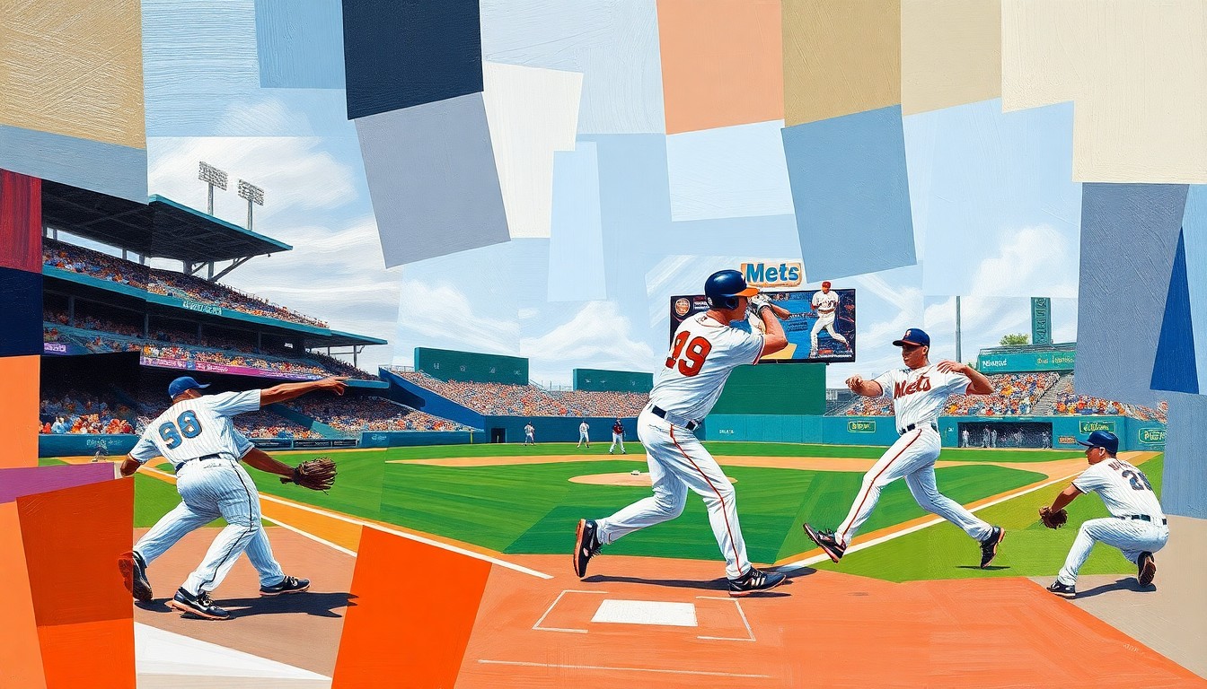 A cubist-style painting depicting a Mets spring training baseball game, with the players and field broken down into sharp, overlapping geometric shapes and planes, capturing the dynamic energy and movement of the game.