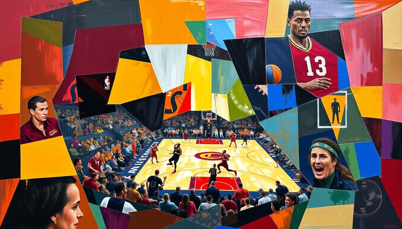 A cubist-style painting depicting a basketball game, with the players and court broken down into sharp, overlapping geometric shapes in the Cavaliers' team colors and those of their opponent.