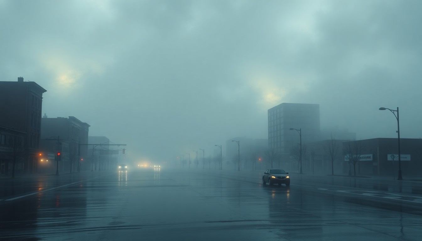 A moody, atmospheric landscape painting in muted tones of gray, blue, and gold, depicting a flooded city street with the outlines of buildings and vehicles barely visible through the heavy fog, conveying the overwhelming scale and power of a natural disaster.