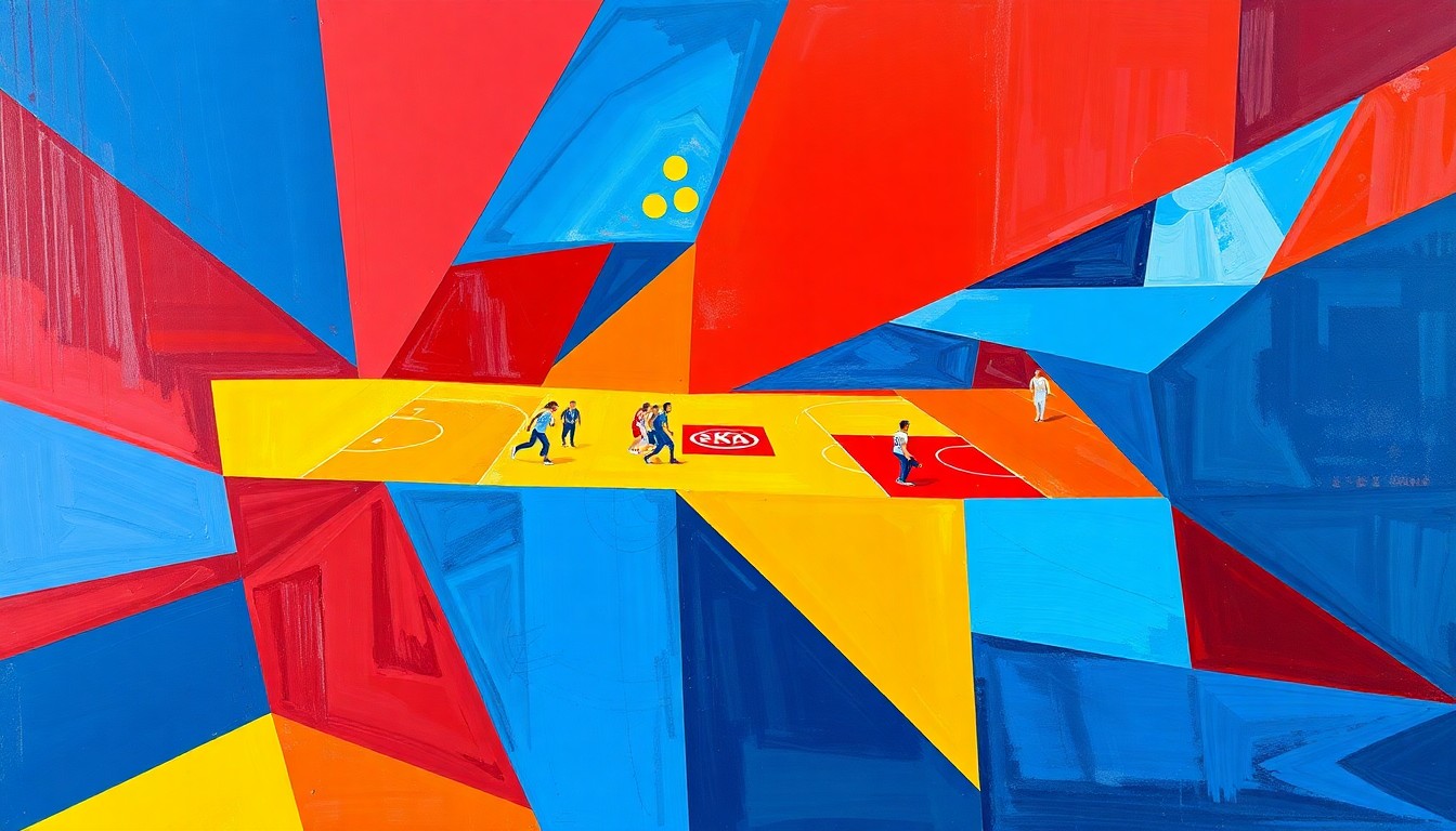 A cubist, geometric painting depicting a WNBA basketball game, with overlapping planes of red, blue, and yellow shapes representing the dynamic movement and energy of the sport.