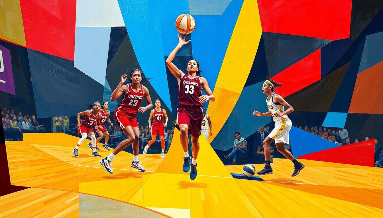 A cubist, geometric painting depicting a WNBA basketball game, with the players' figures broken down into abstract shapes and planes of vibrant colors, capturing the dynamic energy of the sport.