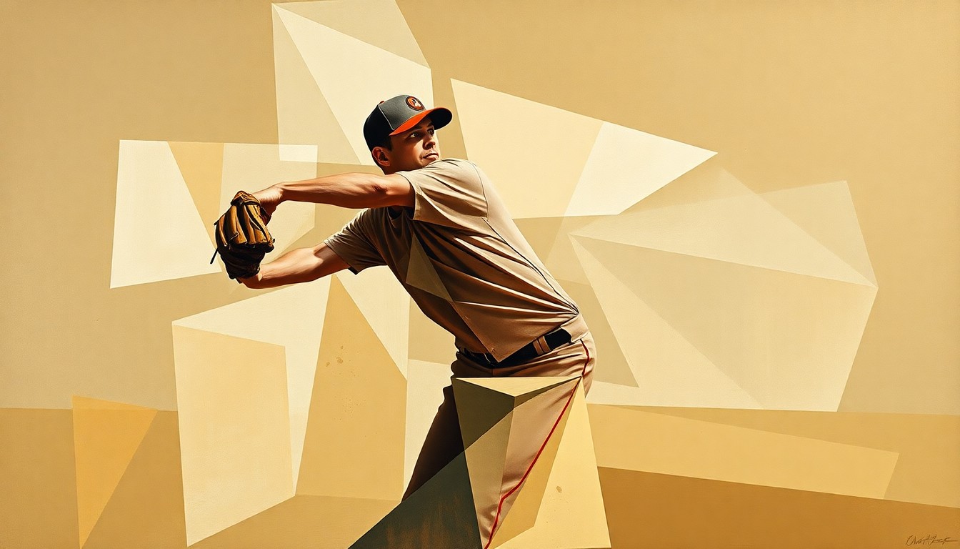 A fragmented, geometric painting depicting the motion of a baseball pitcher, with sharp planes of tan, olive, and sienna colors, conveying the intricate challenges a veteran reliever faces in reviving his career.
