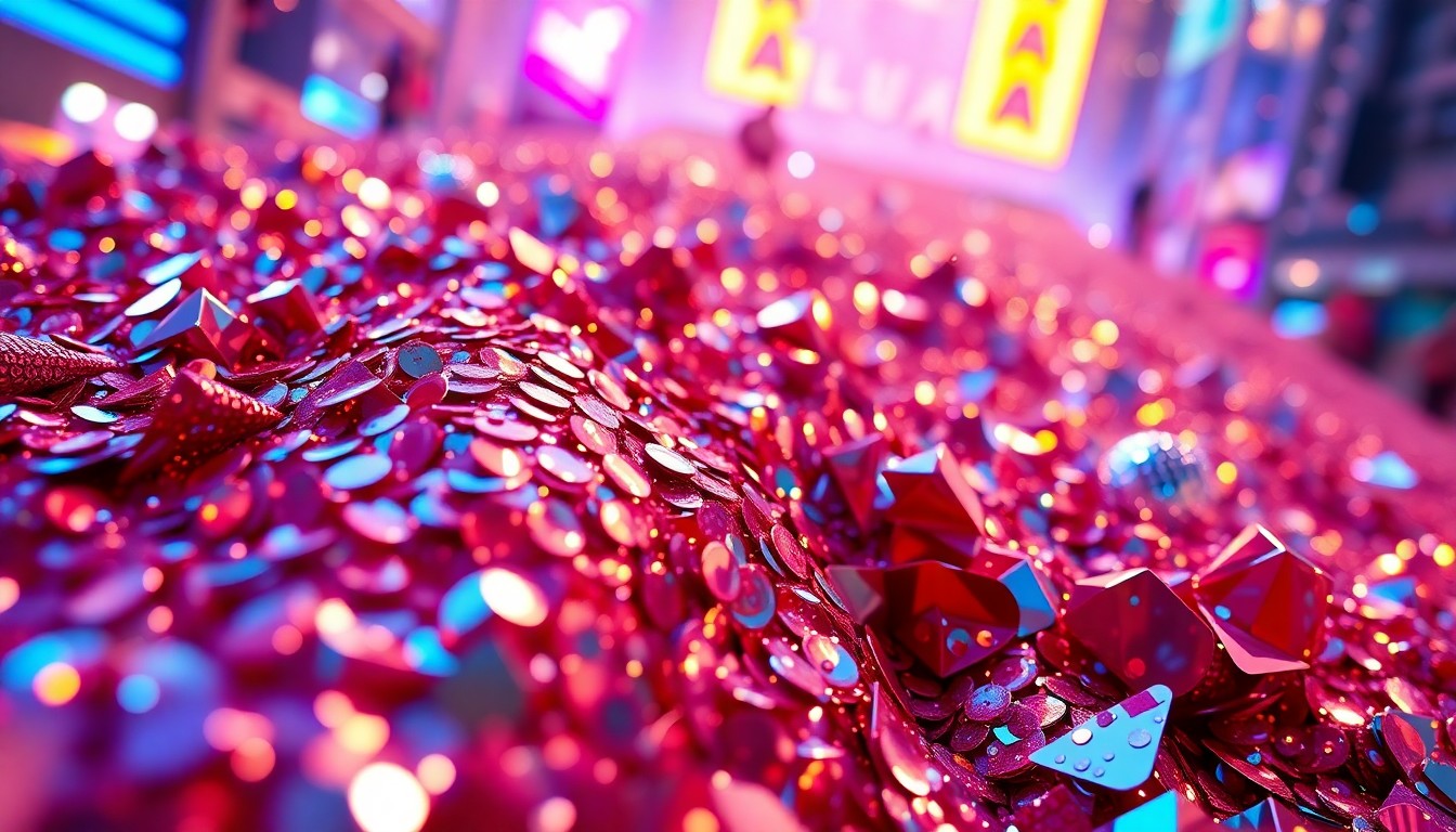 An abstract close-up photograph featuring a dazzling array of glittering sequins and shattered disco ball fragments, conveying the high-energy glamour and festive atmosphere of Bruno Mars' Las Vegas parade celebration.