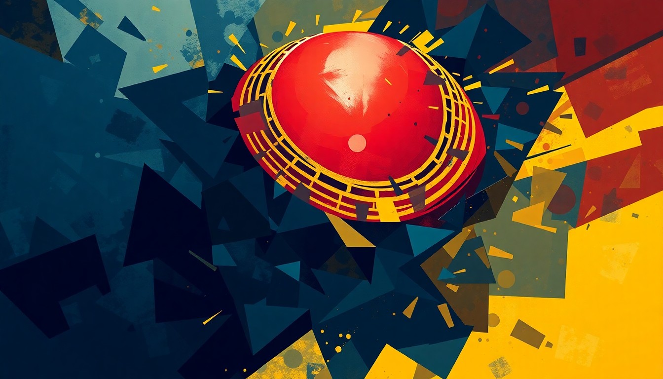 A dynamic, abstract painting depicting a cricket ball in motion, with overlapping geometric shapes and vibrant colors, representing the tension between individual expression and organizational control in Pakistan.