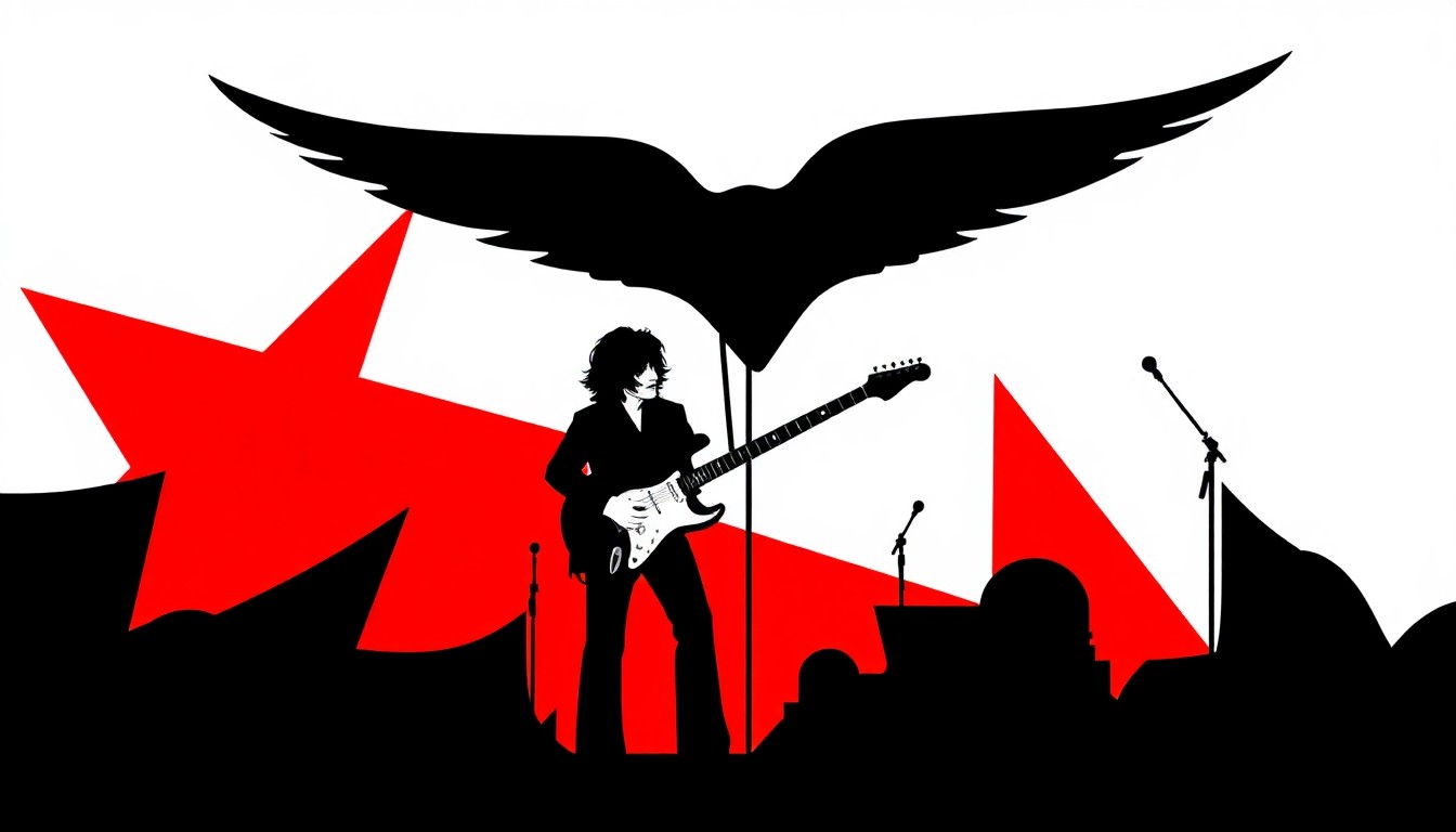 An abstract, minimalist composition featuring stark black silhouettes and bold geometric shapes in contrasting red and white, conceptually representing the collaborative spirit and creative contributions of Denny Laine to the music of Wings.