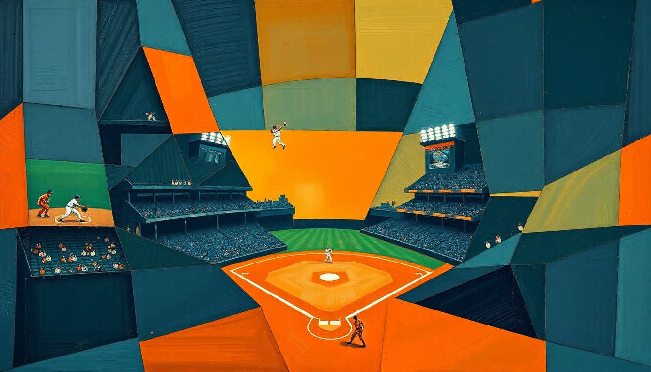 A fragmented, geometric painting depicting a baseball game or match, with sharp planes of navy blue, forest green, and burnt orange overlapping to create a dynamic, multi-perspective visual representation of the sport.