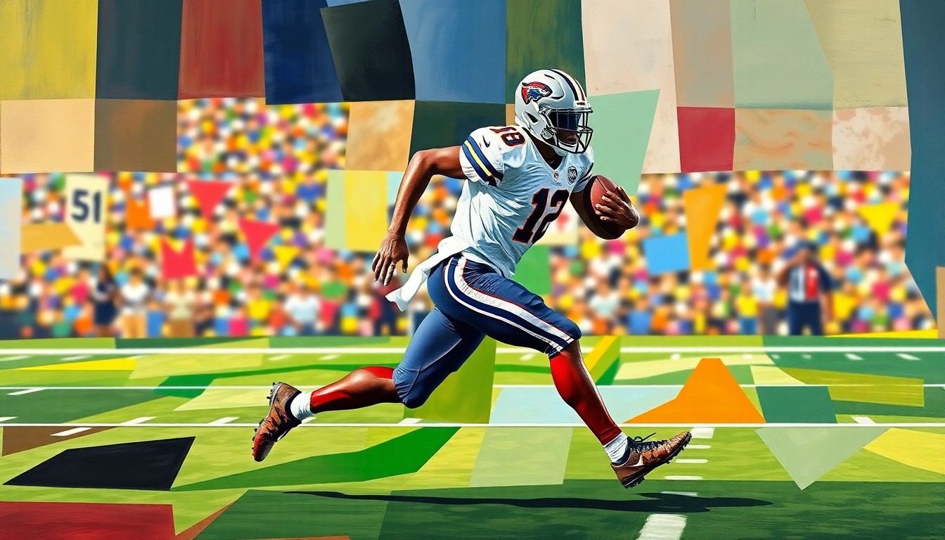 A fractured, geometric painting depicting the abstract form of a wide receiver sprinting, with vibrant colors and sharp, overlapping planes capturing the dynamic energy of the 40-yard dash.