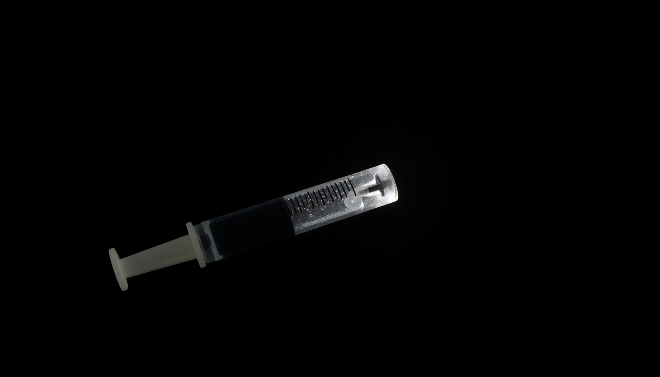An extreme close-up of a used syringe with a faint red liquid inside, photographed against a completely black background using harsh, direct flash lighting to create a stark, gritty, investigative aesthetic conceptually representing the serious public health concerns in this case.