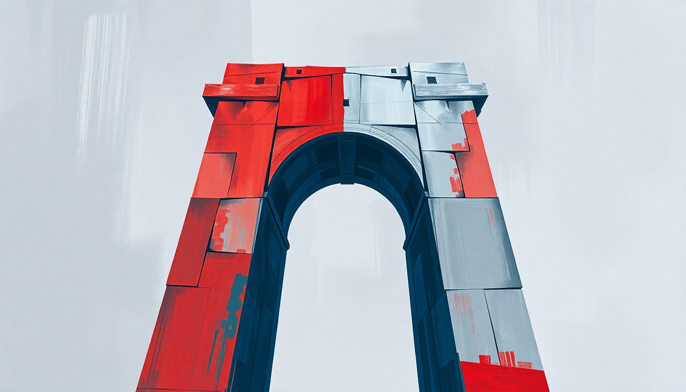 A dynamic, fragmented painting depicting an imposing, abstract arch structure in shades of grey, blue, and red, conveying the political tension and divisiveness surrounding the proposed monument.