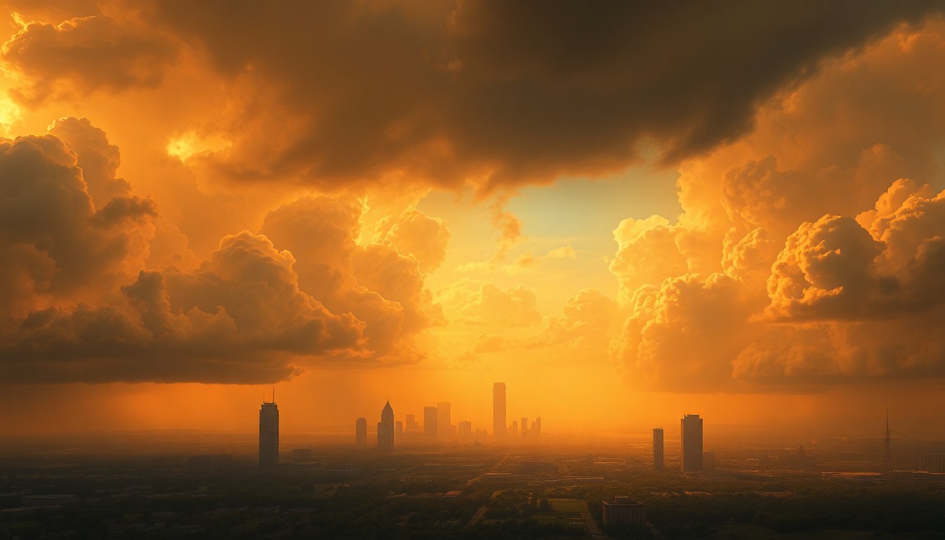A vast, atmospheric landscape painting depicting the Memphis skyline shrouded in a hazy, golden-orange glow, with billowing, ominous clouds filling the sky and dwarfing the city's buildings, conveying the impending threat of severe weather.