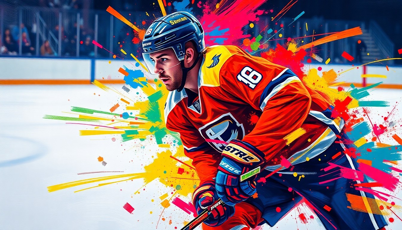 An abstract, expressionist painting in neon colors depicting the dynamic movements of a hockey player, with the player's face and jersey dissolving into unrecognizable splatters of paint, conveying the raw athleticism and energy of the sport.