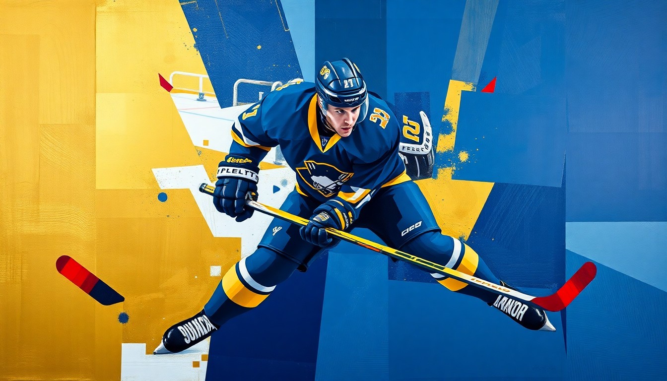 A fractured, cubist-style painting depicting a hockey defenseman in motion, with sharp, overlapping geometric shapes in vibrant navy blue, gold, and white colors, capturing the dynamic energy and strategic thinking behind the Penguins' roster moves.