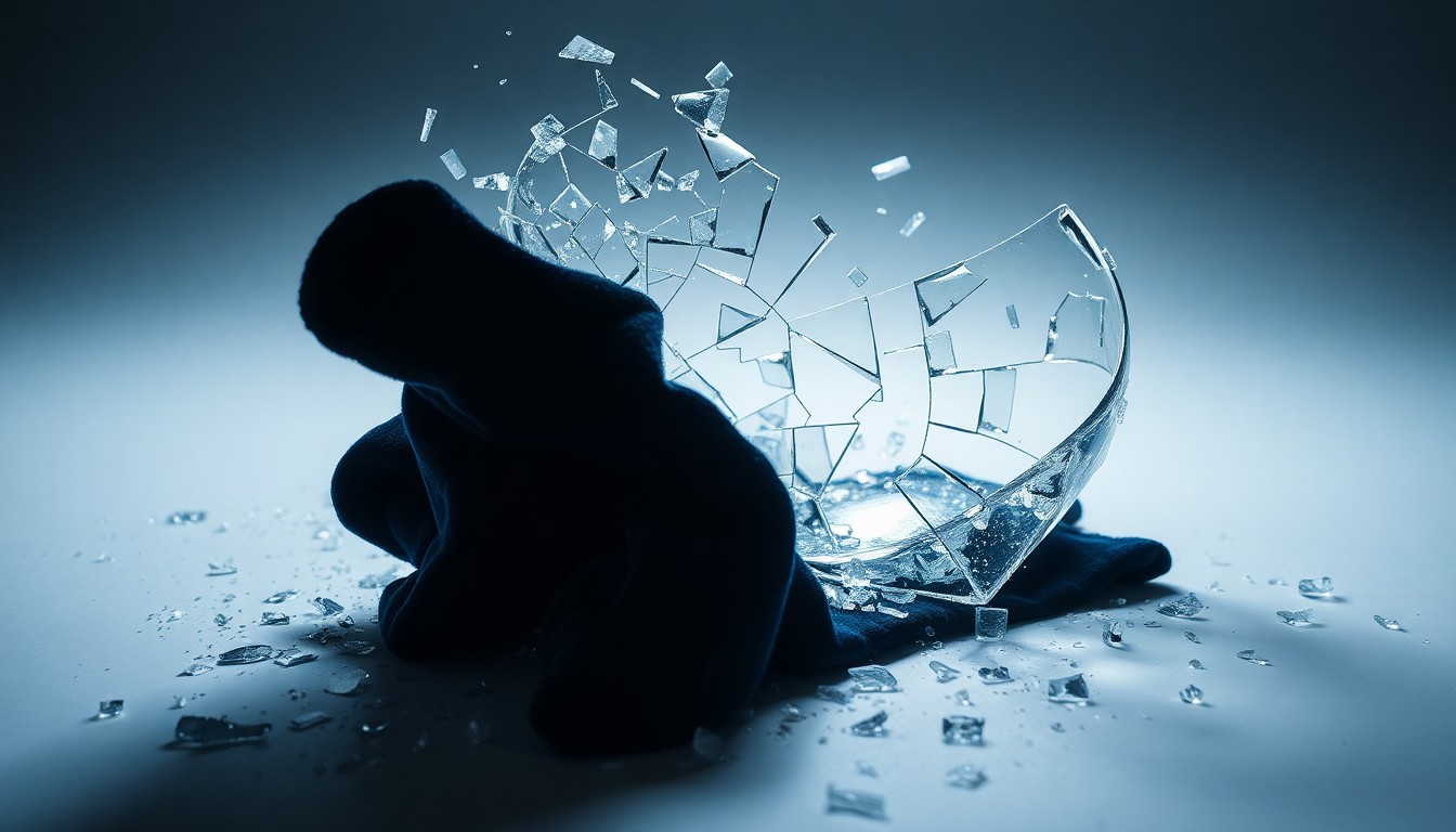 An abstract close-up image featuring shattered glass and crumpled velvet fabric, captured in dramatic high-contrast studio lighting to convey a sense of the collapse and failure of a high-profile entertainment project.