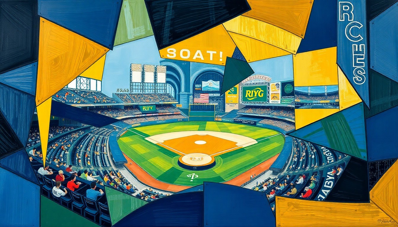A cubist, geometric painting depicting a baseball game in motion, with overlapping planes of navy blue, gold, and forest green representing the dynamic action on the field.