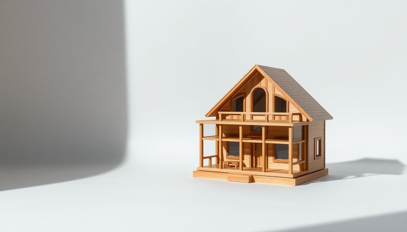 A highly detailed, photorealistic studio still life of a miniature wooden and glass dollhouse, symbolizing the craftsmanship and attention to detail behind Nathaniel Ellis' Flip This Dollhouse business.