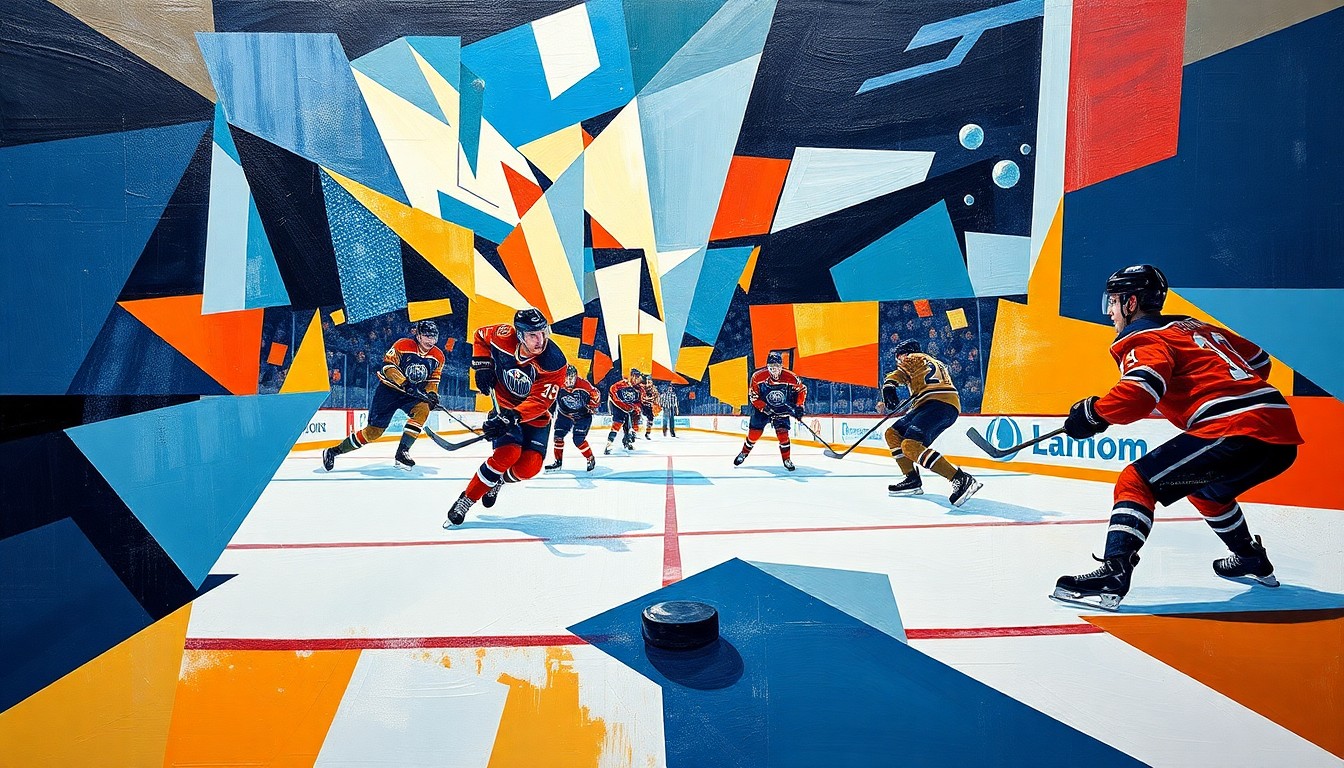 A cubist, geometric painting depicting the dynamic movements and actions of a hockey game, with the players and puck deconstructed into abstract shapes and angles, creating a visually striking and conceptual representation of the historic achievement.