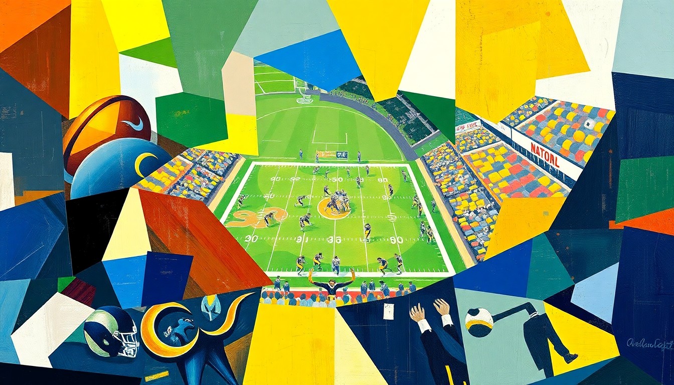 A fragmented, cubist-style painting depicting a football game or match, with sharp geometric shapes and planes in the colors of the Los Angeles Rams and their opponent, capturing the dynamic energy and movement of the sport.