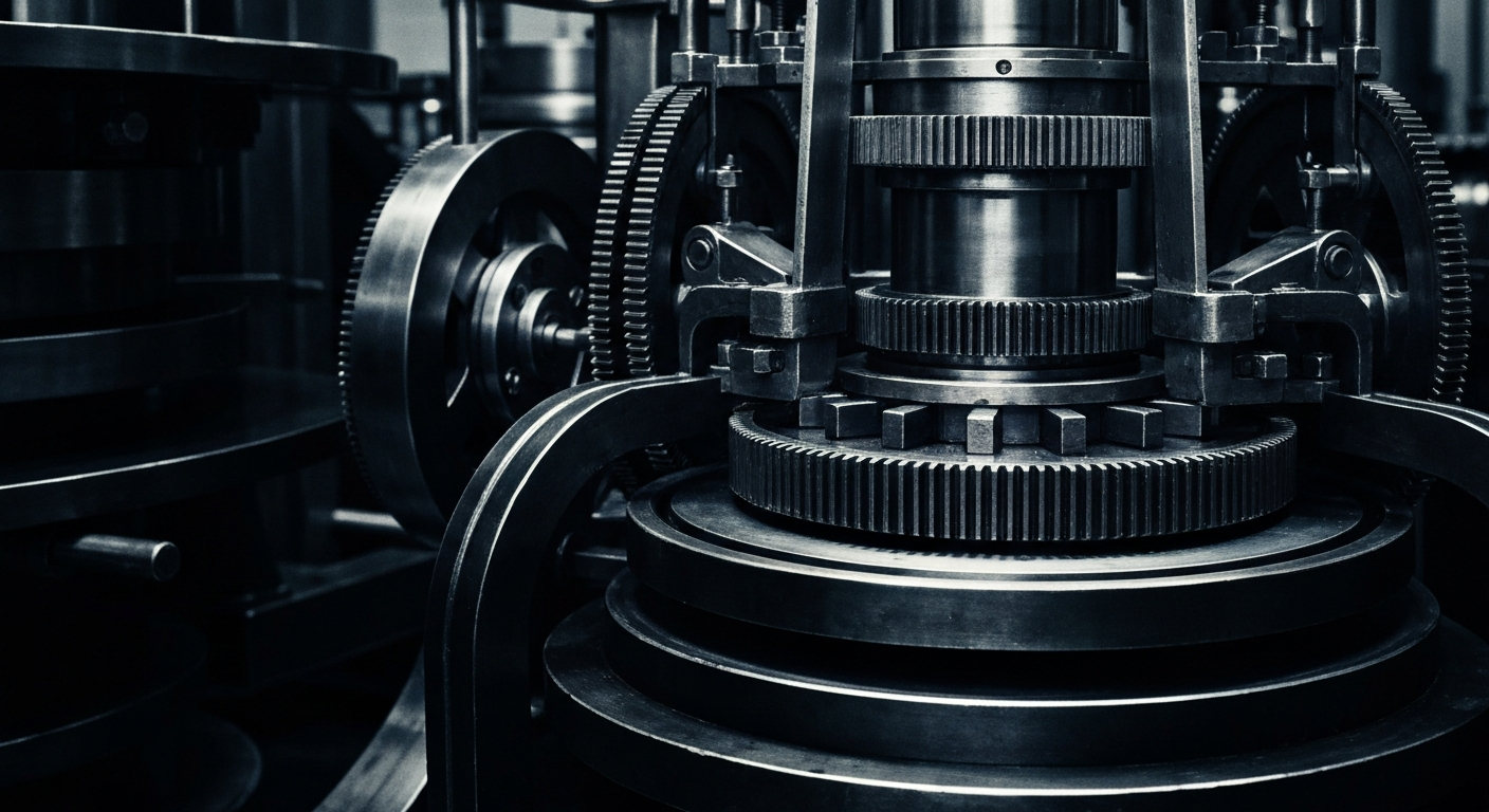 An extreme close-up of the gears, levers, and stamping mechanisms used to mint coins, conveying the industrial power and precision behind the production of valuable numismatic items.