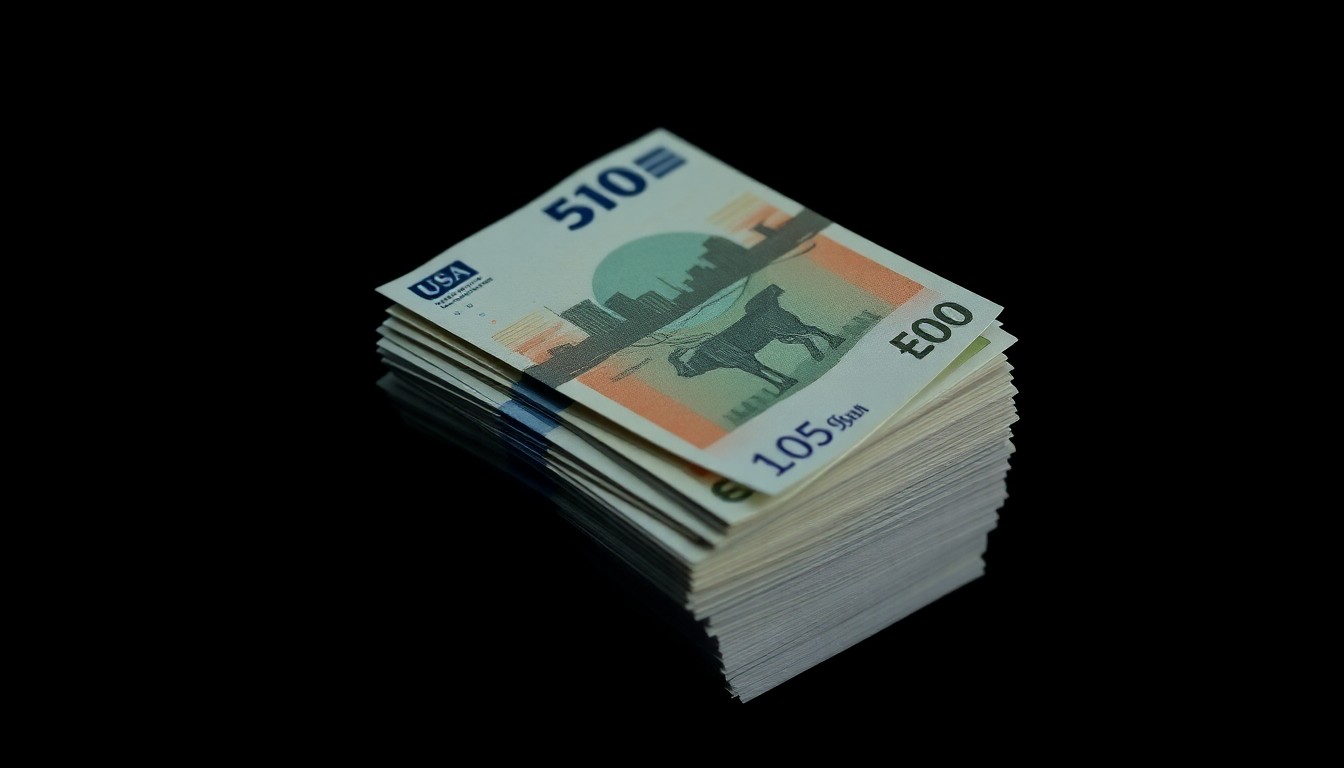 An extreme close-up of a stack of counterfeit Euro banknotes, the harsh lighting and stark black background creating a gritty, investigative aesthetic that conceptually represents the financial crimes of the Camorra crime syndicate.