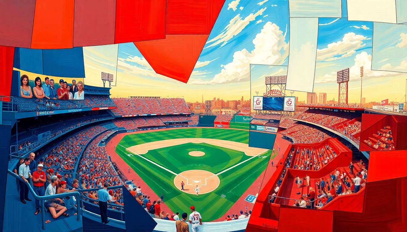 A cubist, geometric painting depicting a Phillies baseball game or match, with the players and field broken down into sharp, overlapping planes of red, white, and blue, capturing the dynamic energy and uncertainty of the team's offseason.