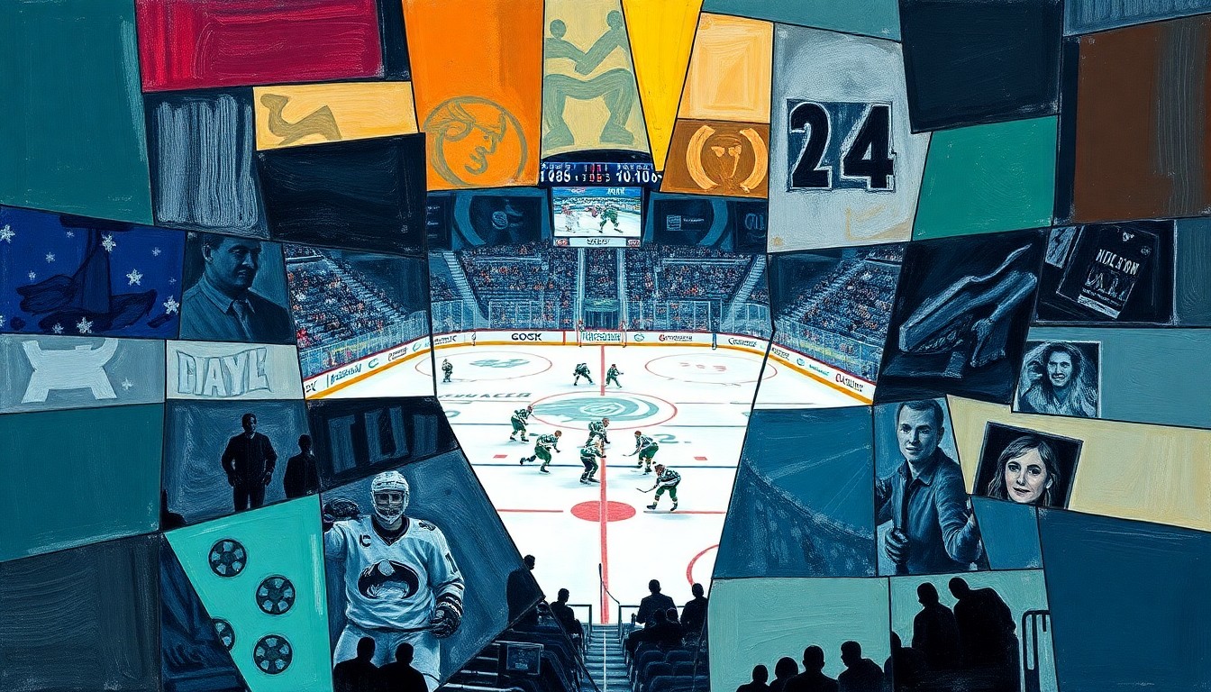 A fractured, geometric painting depicting a hockey game between the Penticton Vees and Seattle Thunderbirds, with sharp, overlapping planes of color and form representing the dynamic action on the ice.