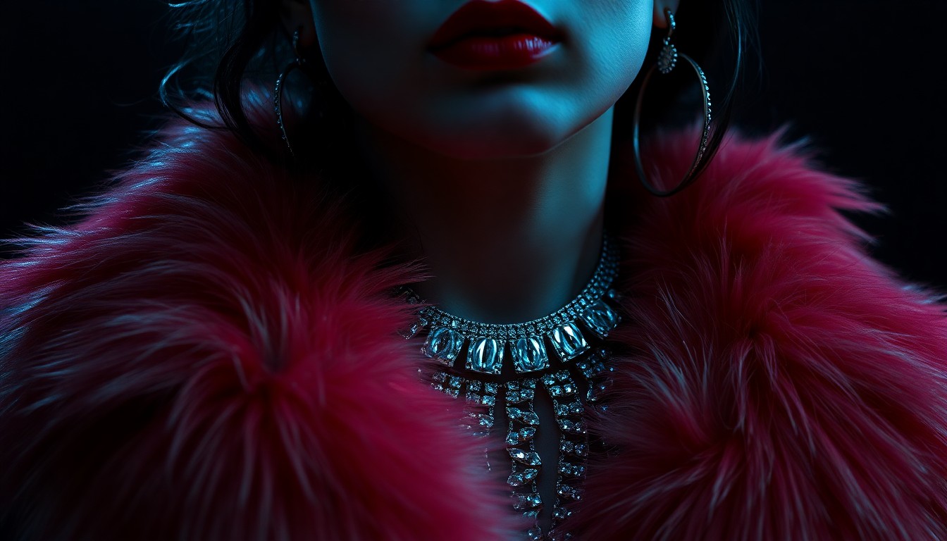 An extreme close-up of Mitski's fur coat and jewelry, the luxurious textures and dramatic lighting creating a conceptual representation of the singer's captivating stage presence.