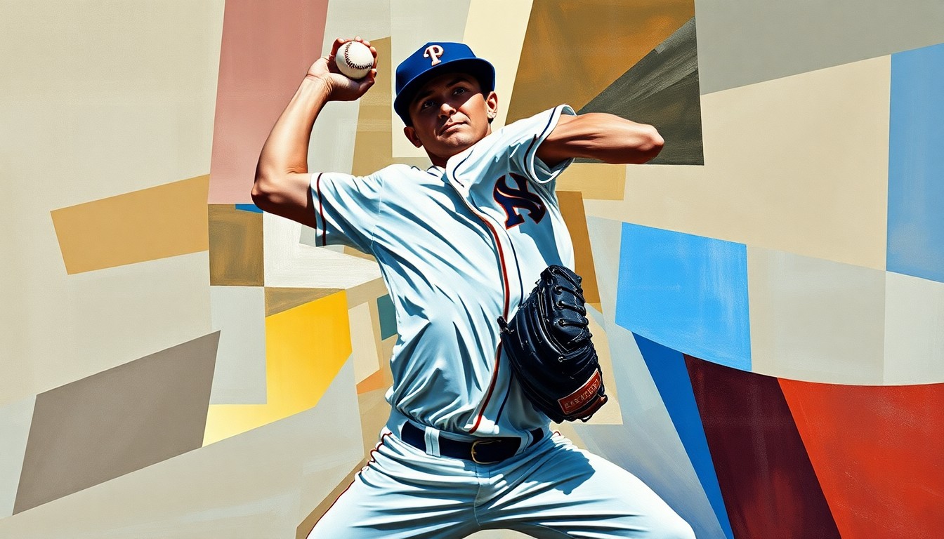 A cubist-style painting depicting a baseball pitcher's windup and delivery broken down into sharp, overlapping geometric shapes and planes, capturing the dynamic energy and struggle of the pitching motion.