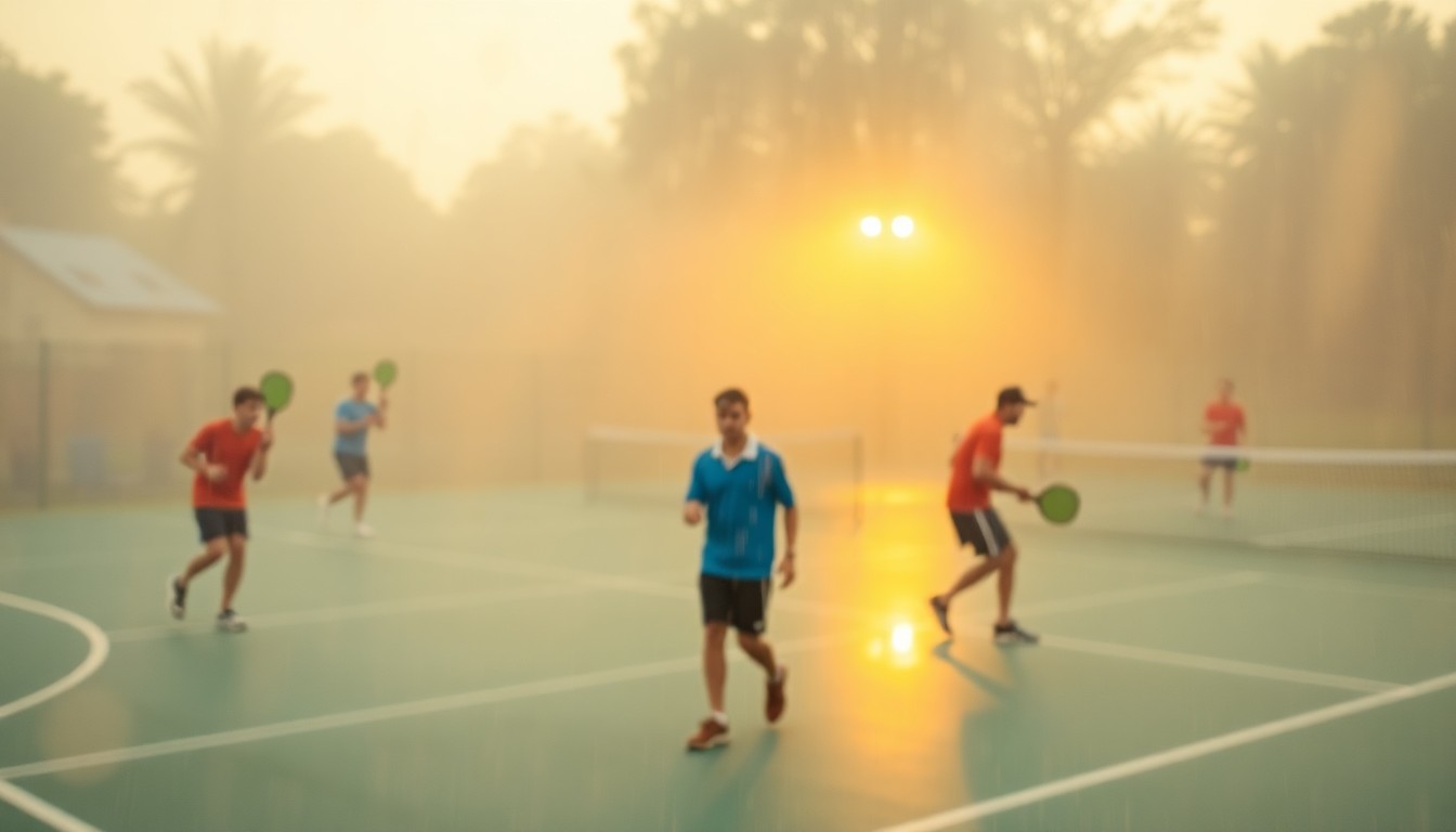 An abstract, impressionistic photograph of a pickleball court, with blurred players and a warm, golden glow, conceptually representing the spirit of a community fundraiser.