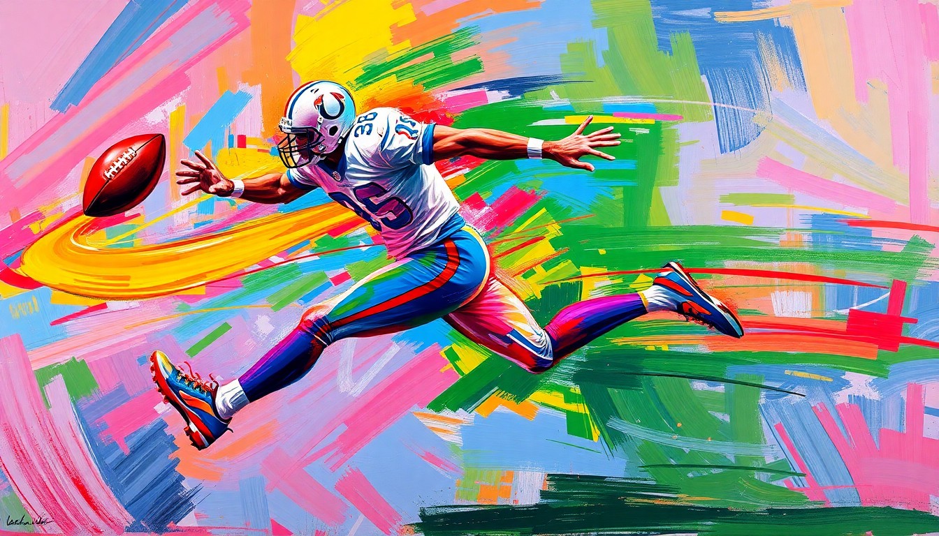 An abstract, expressionistic painting in vibrant neon colors depicting a football player in mid-leap, the player's form dissolving into rapid brushstrokes, capturing the raw energy and dynamism of the sport.