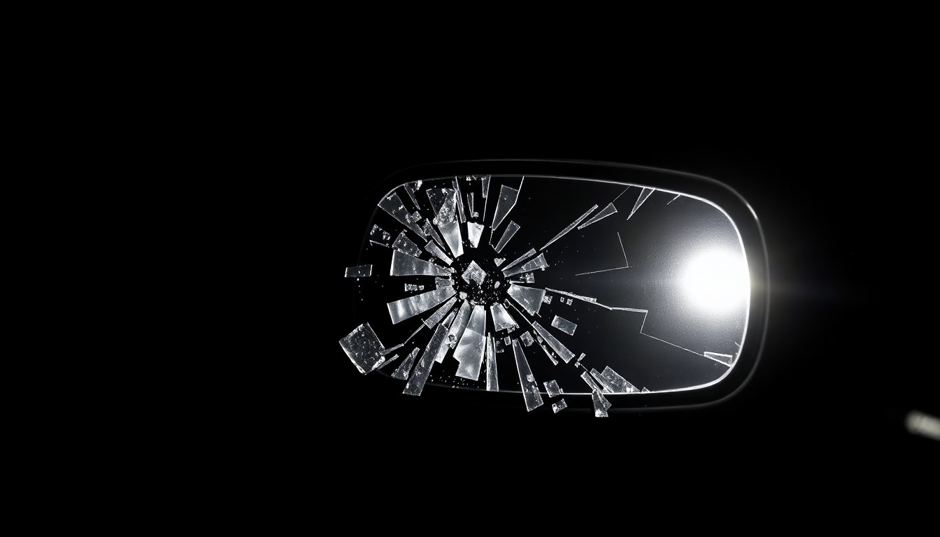 An extreme close-up photograph of a shattered car side mirror reflecting a faint red light, conceptually illustrating the aftermath of a hit-and-run incident.