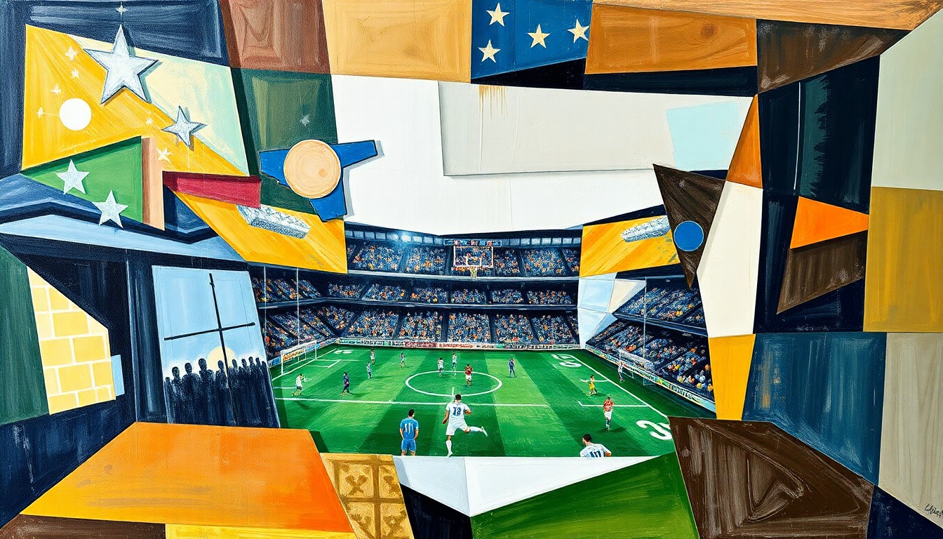A cubist, geometric painting depicting a fragmented football field, with players and equipment broken down into sharp, overlapping shapes in a range of earthy tones, conceptually representing the complex dynamics of the Steelers' leadership change.