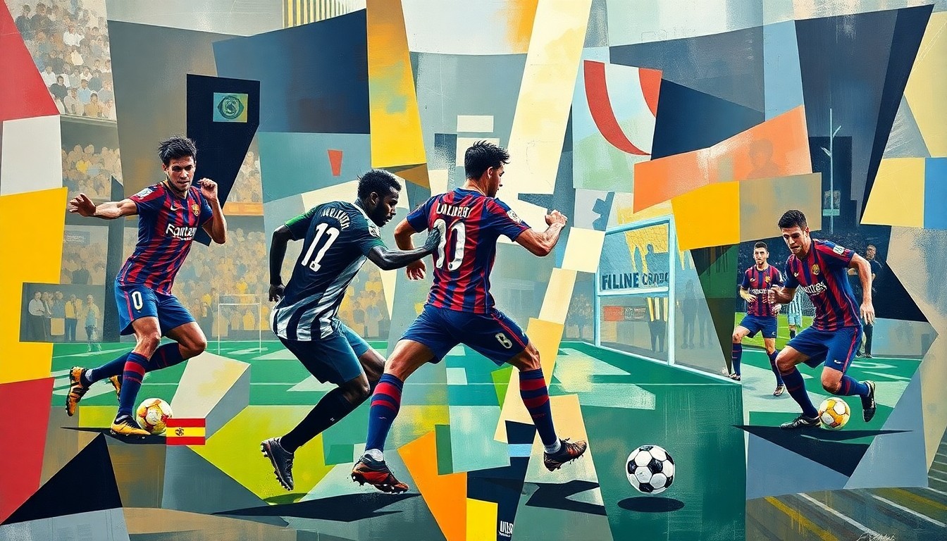 A cubist, geometric painting depicting the dynamic movements and shifting roles of players on a football pitch, capturing the essence of Fede Valverde's virtuoso performance for Real Madrid.